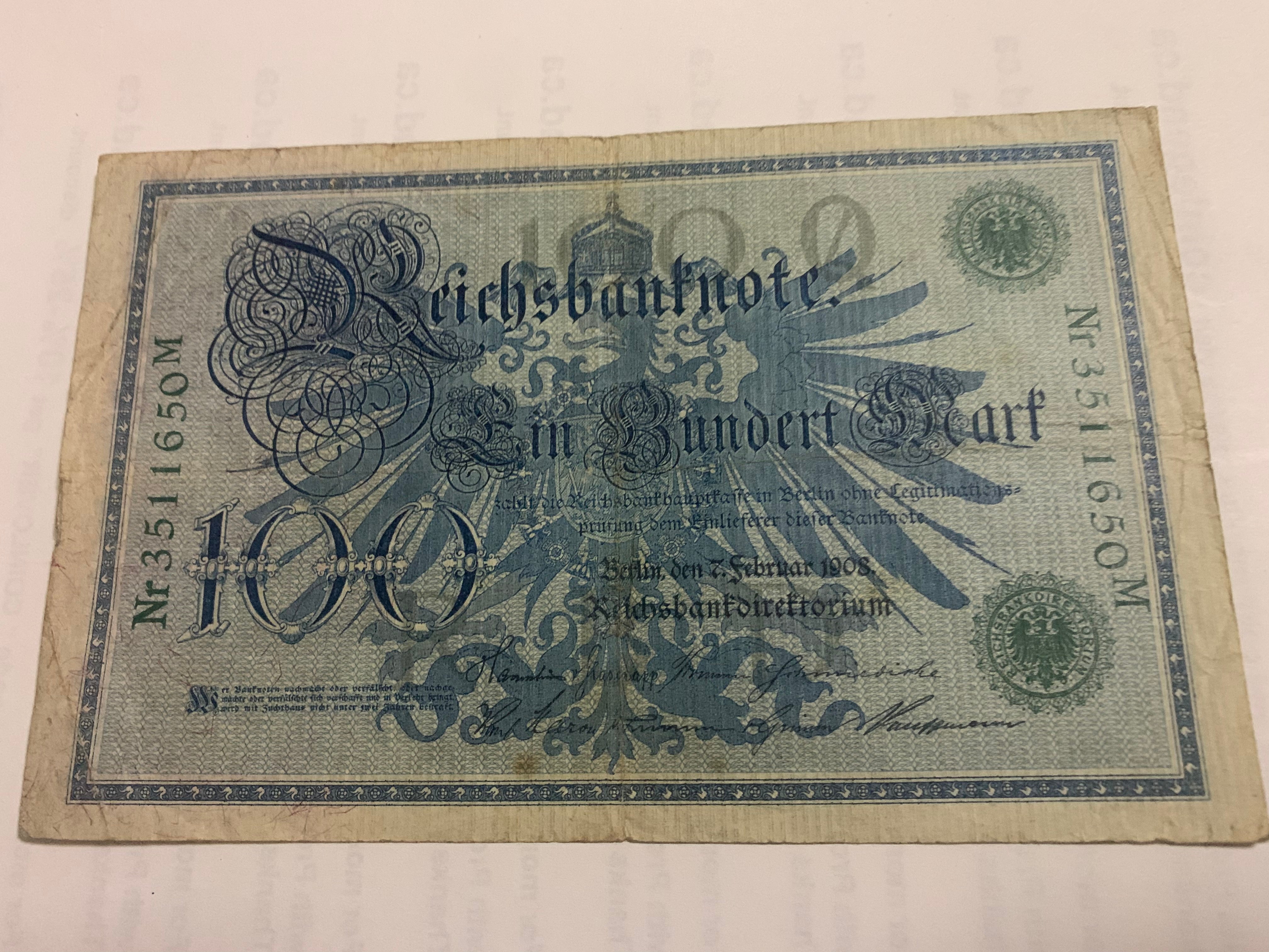 1908 Germany Empire Imperial Reichsbanknote 100 Mark VG