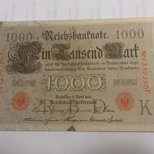 1910 GERMAN 1000 MARK BANKNOTE-RED SEAL-VG Condition