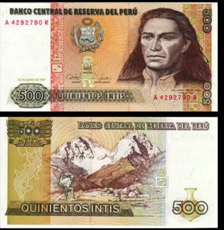 1987  Peru 500 Intis  Banknote UNC, Jose Tupac Amaru II(F) Mountains(R)