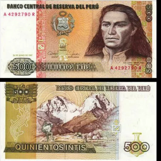 1987  Peru 500 Intis  Banknote UNC, Jose Tupac Amaru II(F) Mountains(R)