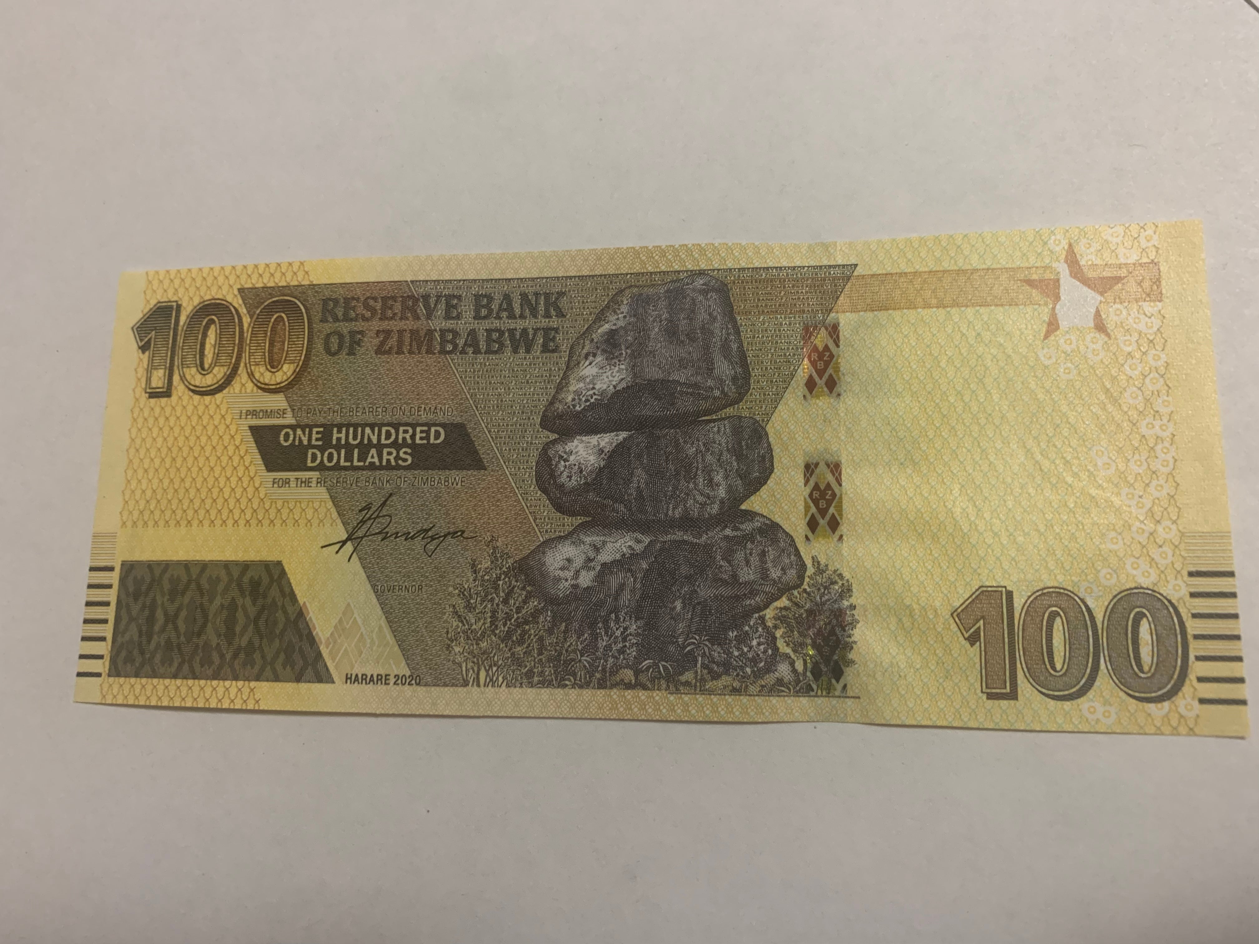 2020 Zimbabwe Reserve Bank  100 Dollars UNC