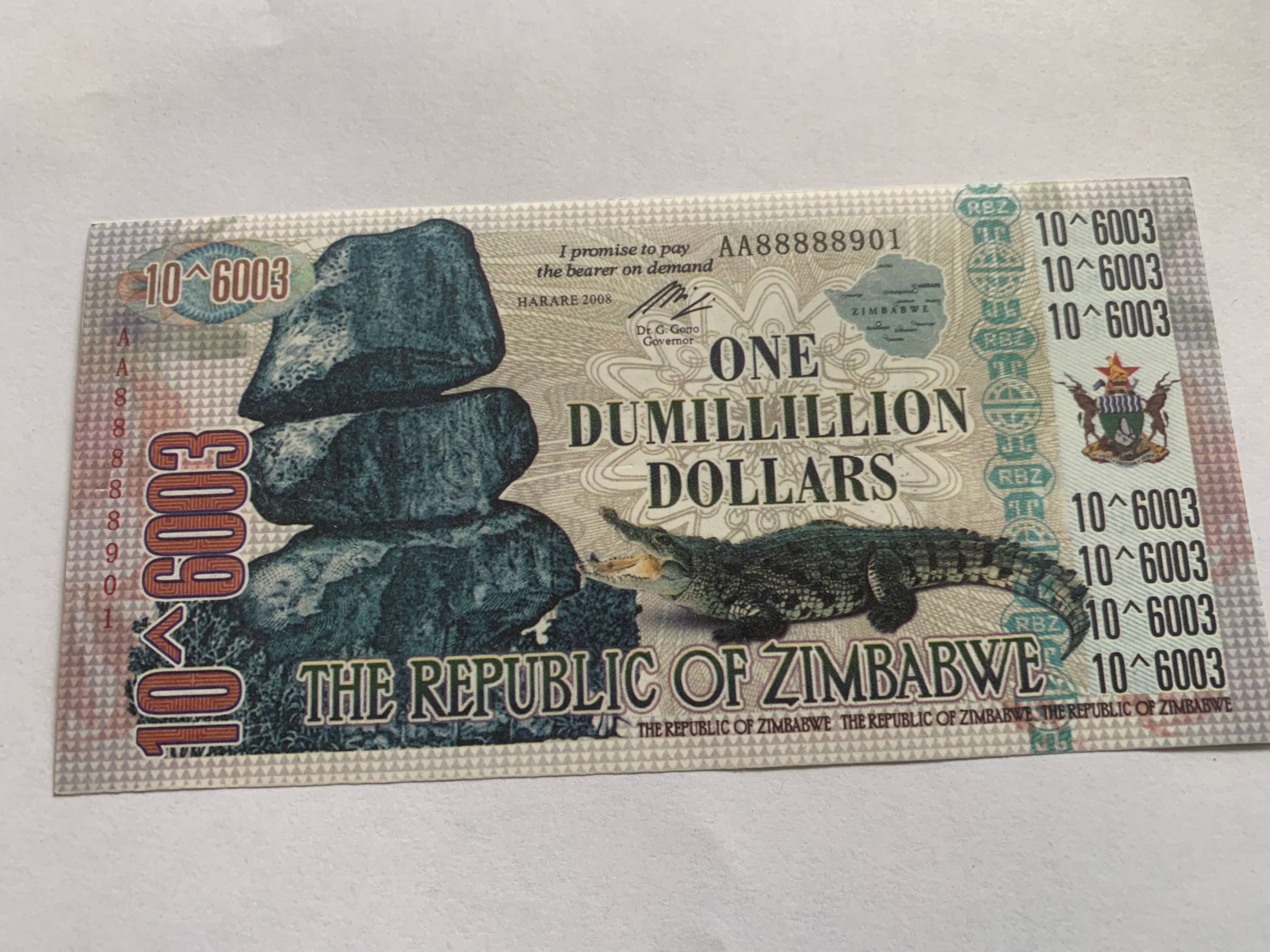 Zimbabwe One Dumillillion  Dollars Banknotes Gift currency