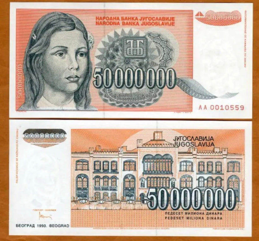 1993 Yugoslavia 50000000 Dinara  UNC  Banknote