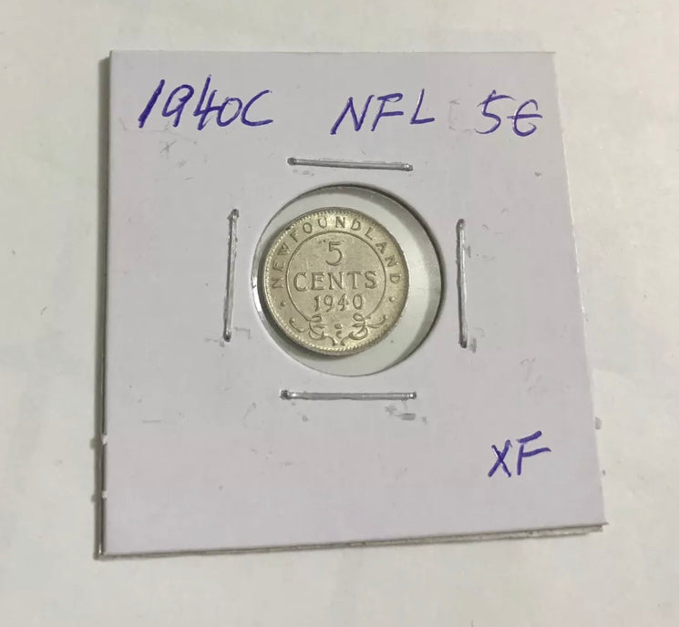 1940 C Newfoundland 5 Cent  Silver Coin XF