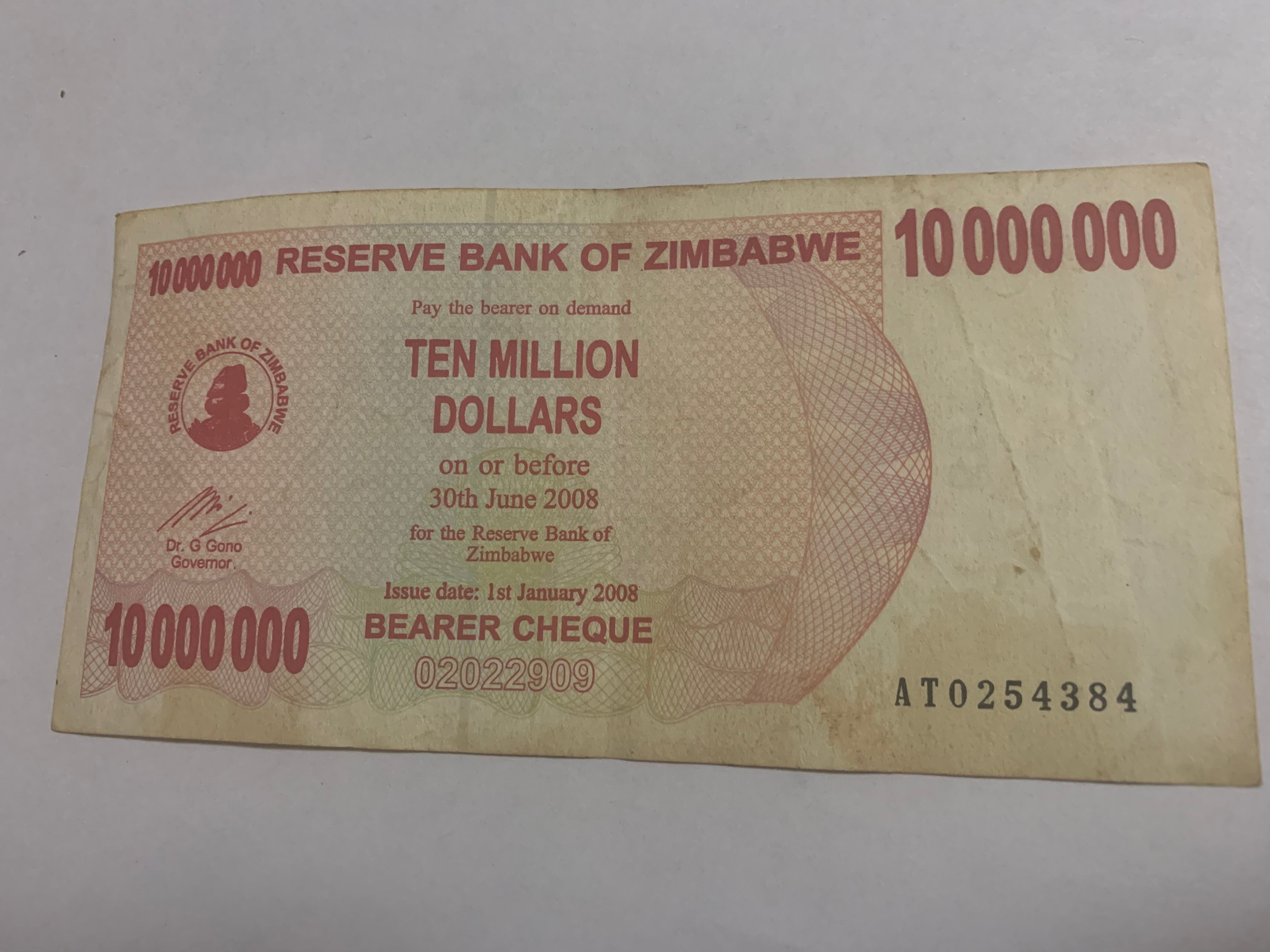 2007 ZIMBABWE Circulated Ten Million Dollars Paper Money Banknote