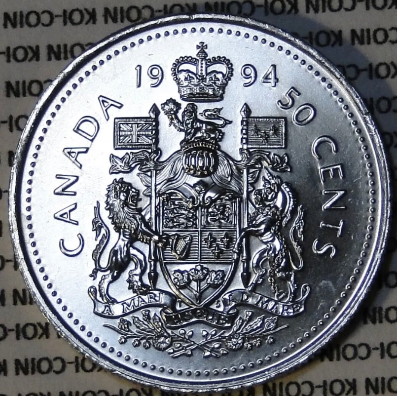 1994 Pièce d'un demi-dollar avec armoiries canadiennes de 50 cents BU Dot In G