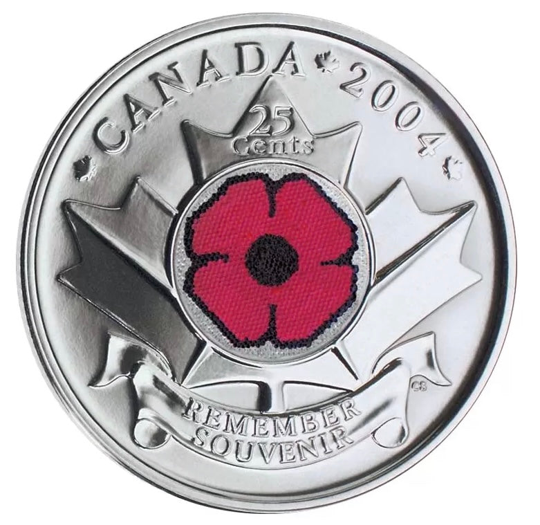 2004-P Canadian 25-Cent Remembrance Poppy Coloured Quarter Coin BU