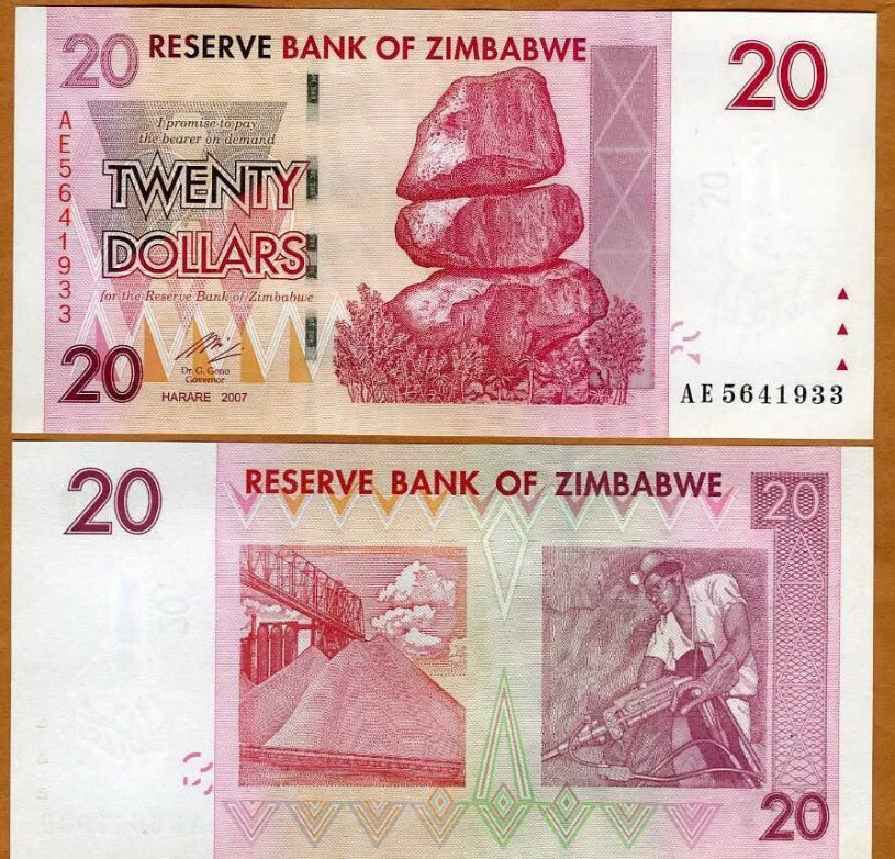 2007  Zimbabwe, 20 Dollars  Banknote VG