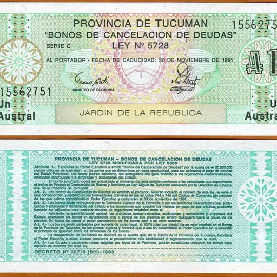 1991 Argentina, Tukuman Province Emergency Note 1 Austral  UNC