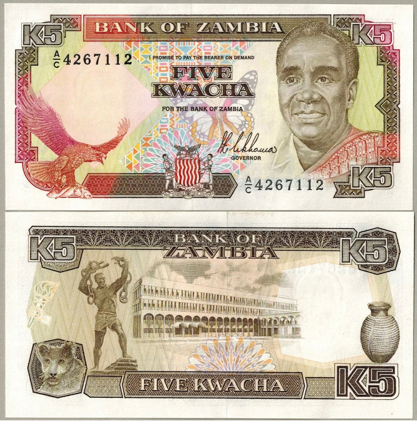 1989 Zambia 5 Kwacha Banknote UNC