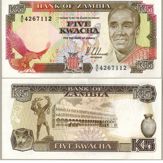 1989 Zambia 5 Kwacha Banknote UNC