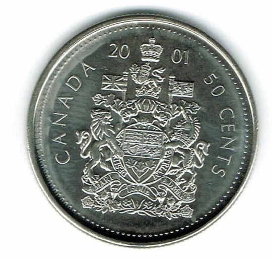 Pièce d'un demi-dollar avec armoiries canadiennes de 50 cents 2001 BU