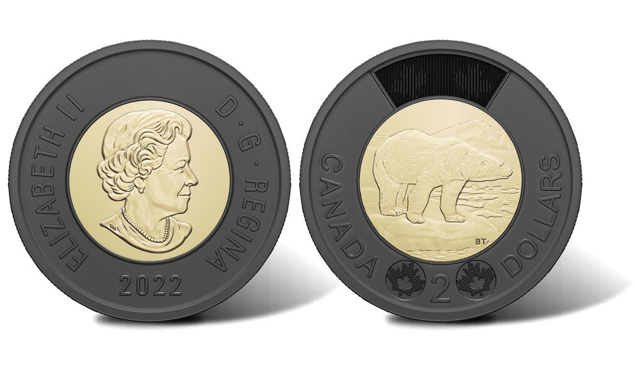 2022 Kanada zu Ehren von Queen Elizabeth Black Ring Toonie-Münze aus einer speziellen Verpackungsrolle.