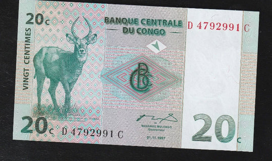 1997 Congo Democratic Republic, 20 Cent UNC Banknote