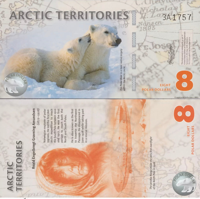 2011 ARCTIC TERRITORIES TEST NOTE - 8 Dollars Polymer Polar Bear Series 3A UNC