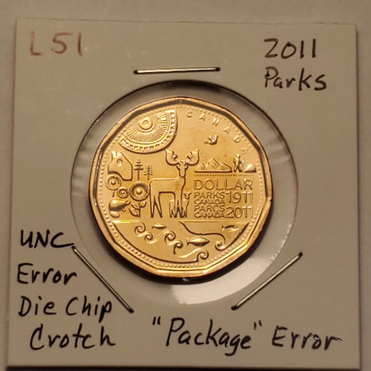 ERROR 2011 PARKS Die Chip in Crotch ExtraMetal CANADA Loonie One Dollar BU *