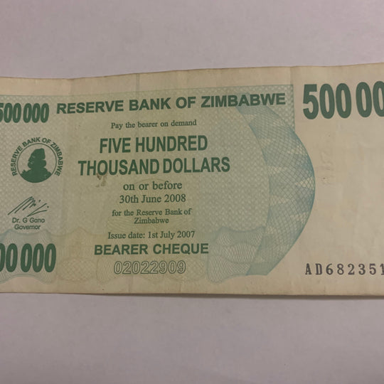 2007 ZIMBABWE, 500000 DOLLARS BEARER CHEQUE