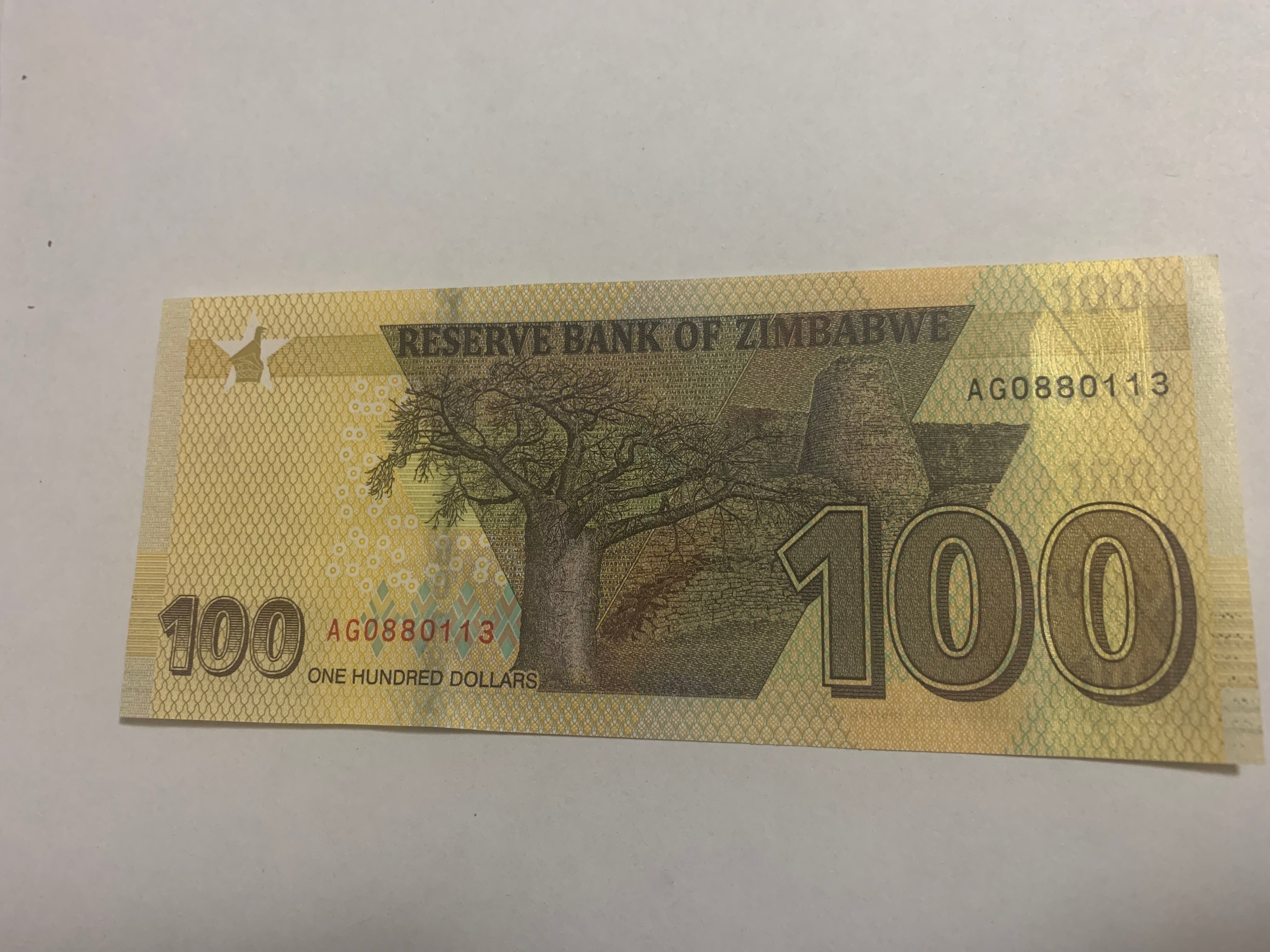 2020 Zimbabwe Reserve Bank  100 Dollars UNC