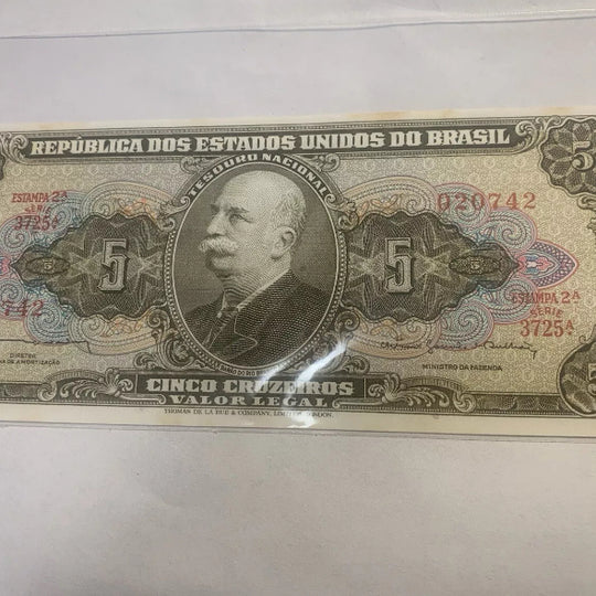 1962-64 Brazil Papermoney 5 Cruzeiros ND Crisp Uncirculated Banknote Note  Rare