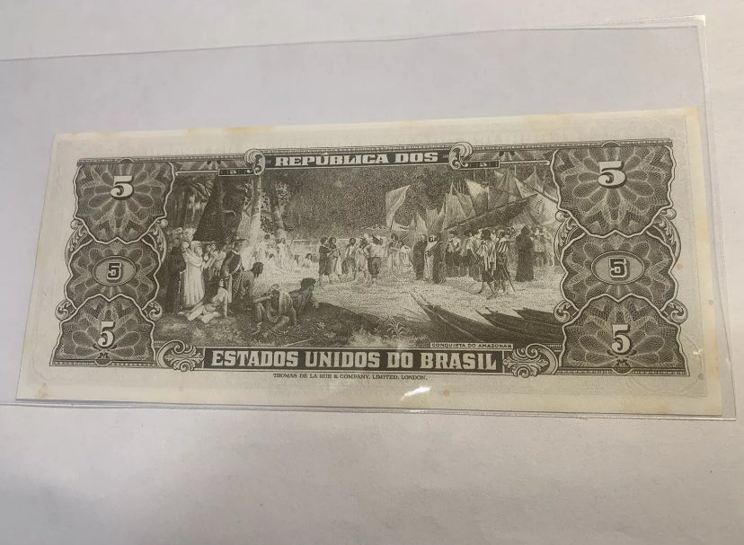 1962-64 Brazil Papermoney 5 Cruzeiros ND Crisp Uncirculated Banknote Note  Rare