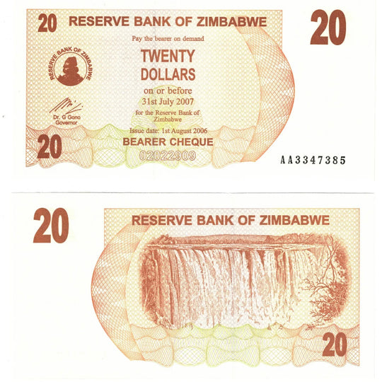 2007 Zimbabwe 20$ DOLLAR Bearer Cheque  Banknote UNC