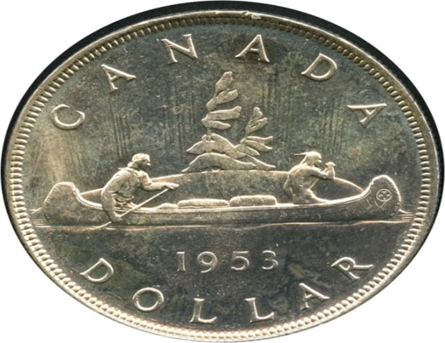 1953 Canada Silver Dollar à collectionner Pas de pli d'épaule Conduites d'eau courtes Pièce AU***