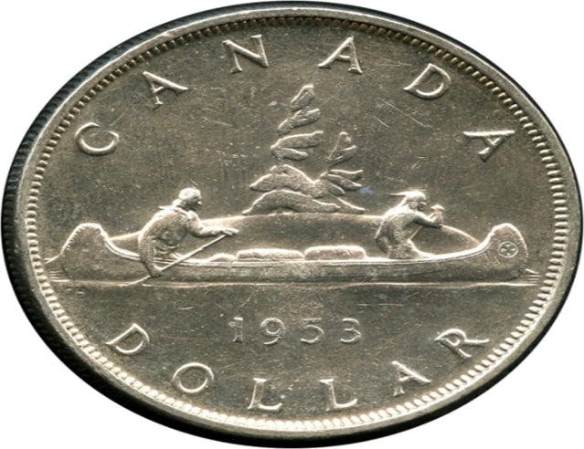 1953 Canada Silver Dollar collectible shoulder fold Short water lines Coin AU***