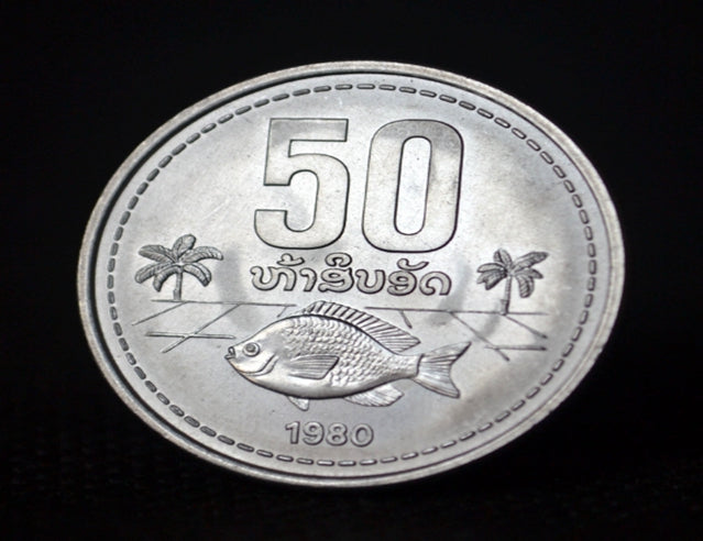 1980 Laos  50 ATT Aluminum Coin AU Fish beautiful coin