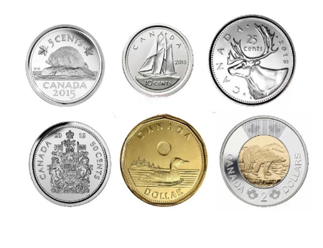 Canada 2015 Ensemble de 5 pièces 2 dollars, 1 dollar, 25 cents, 10 cents, 5 cents, ensemble de collection***