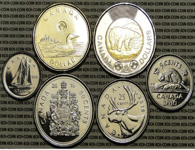 Canada 2016 Ensemble de 6 pièces 2 dollars, 1 dollar, 50 Cents, 25 cents, 10 cents, 5 cents, ensemble de collection***