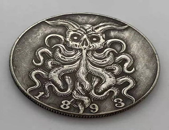 Hobo Coin -Evil octopus in Protective Plastic Capsule Copper Engraved