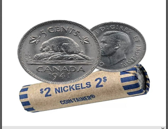 1941 Canadian 5-Cent Beaver Nickel Coin Roll Circulated