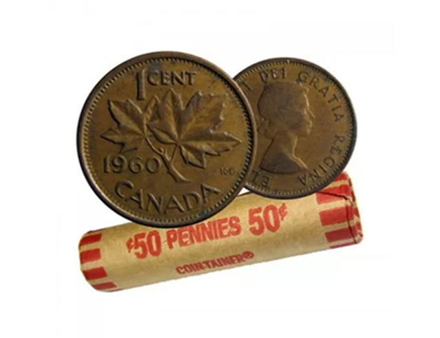 1960 Canadian 1-Cent Maple Leaf Twig Penny Coin Roll Circulated ( 50 Coins)