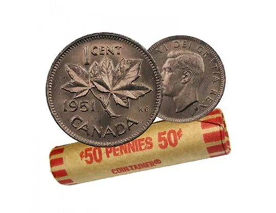 1951 Rouleau de pièces de monnaie canadiennes de 1 cent en forme de feuille d'érable en circulation (50 pièces)