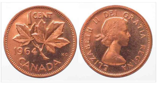 1964 Canadian 1-Cent Maple Leaf Twig Penny Coin Roll BU ( 50 Coins )