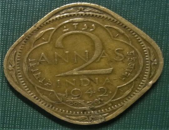 1942 Indian British Two Anna 2 Cent WWII Era Square Coin Seltene Münze