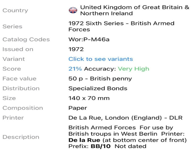 1972 UK 50 Pence UNC British Armed Forces Special Banknote