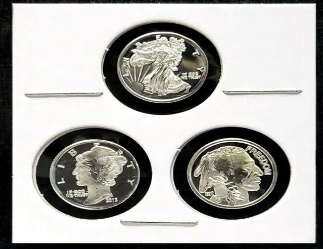 Walking Liberty, Mercury, Indian Head & Buffalo - 3 x 1 g de ronds d'argent ***