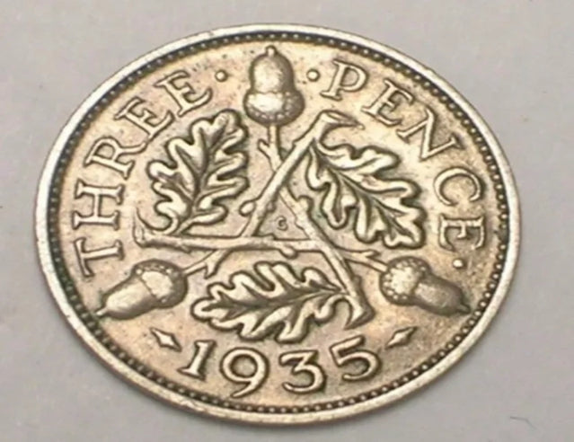 1935 Royaume-Uni Grande-Bretagne Trois 3 Pence George V Acorns Silver Coin XF***