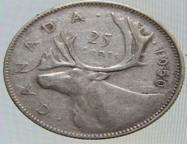 Kanada 1950 25 Cent 80 % Silber Viertelmünze im Umlauf, guter Zustand