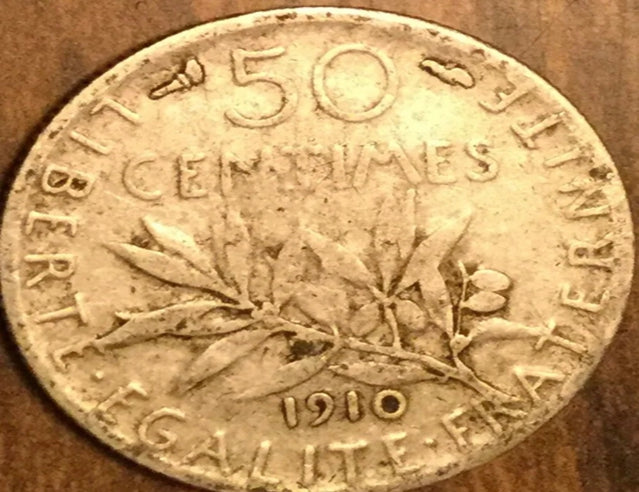 1910 France silver 50 centimes semeuse coin