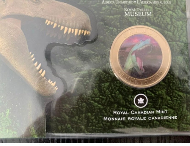 Pièce d'exposition sur les dinosaures de 50 cents de la MRC 2010, emballage d'origine et 6 cartes à collectionner