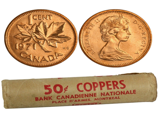 1971 Rouleau de pièces de monnaie en forme de feuille d'érable canadienne de 1 cent -50 pièces BU