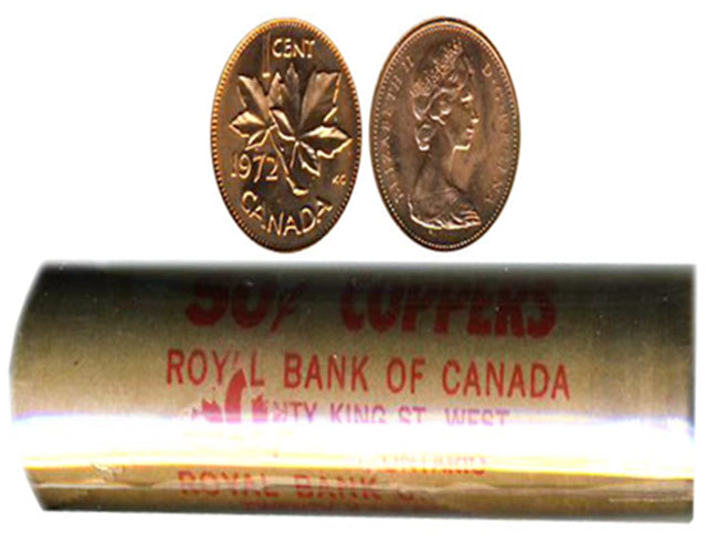 1972 Rouleau de pièces de monnaie en forme de feuille d'érable canadienne de 1 cent -50 pièces BU