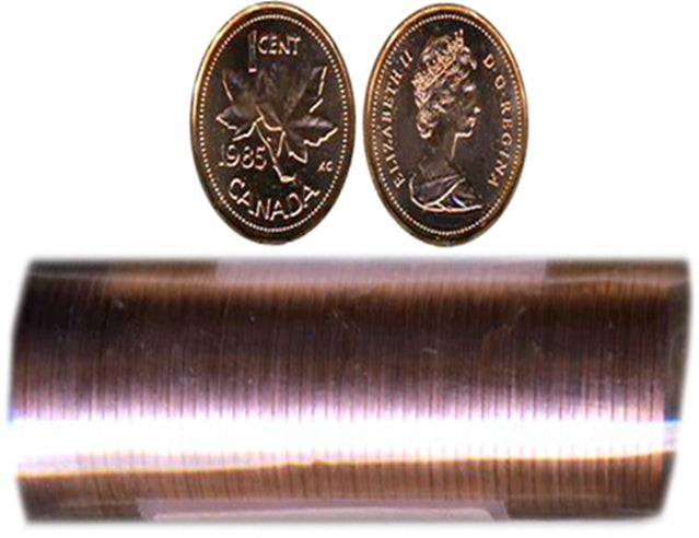 1985  Canadian 1-Cent Maple Leaf Twig Penny Coin Roll  -50 Coins BU