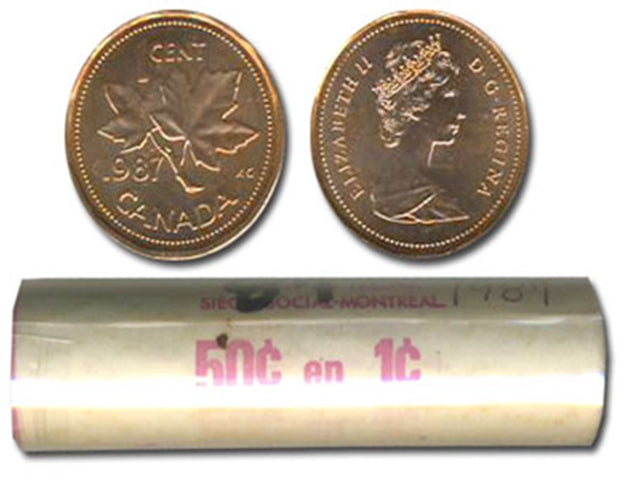 1987  Canadian 1-Cent Maple Leaf Twig Penny Coin Roll  -50 Coins BU