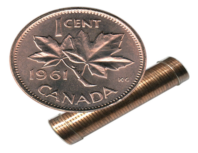 1961 Canadian 1-Cent Maple Leaf Twig Penny Coin Roll in tube  -50 Coins BU