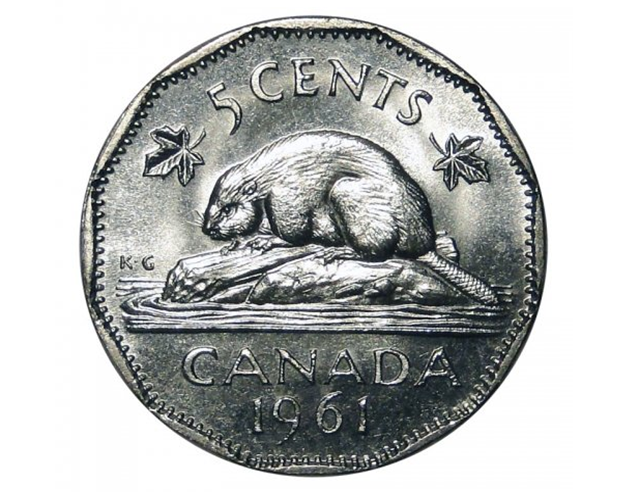 Pièce de 5 cents en nickel canadien de 1961. Canada Five Cents Castor BU