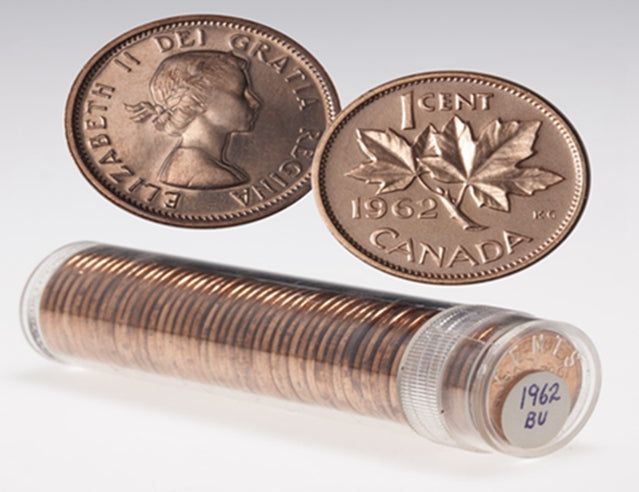 1962 Canadian 1-Cent Maple Leaf Twig Penny Coin Roll in tube  -50 Coins BU