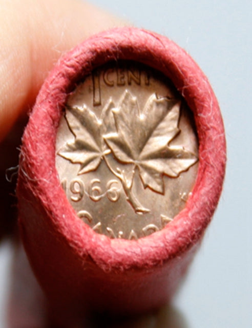 1966 Kanadische 1-Cent Maple Leaf Twig Penny Münzrolle in Tube - 50 Münzen BU